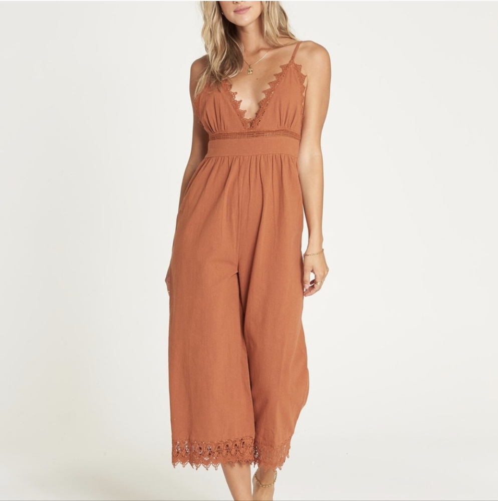 NWT Billabong Lace and Lies Cottagecore Jumpsuit Cotton Flax Blend Size Small